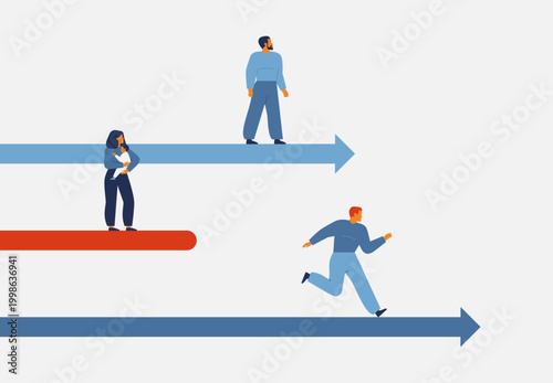 woman with child didnt growth in career. Male colleagues are advancing faster by business promotion path. Unequal conditions for females on maternity leave. vector