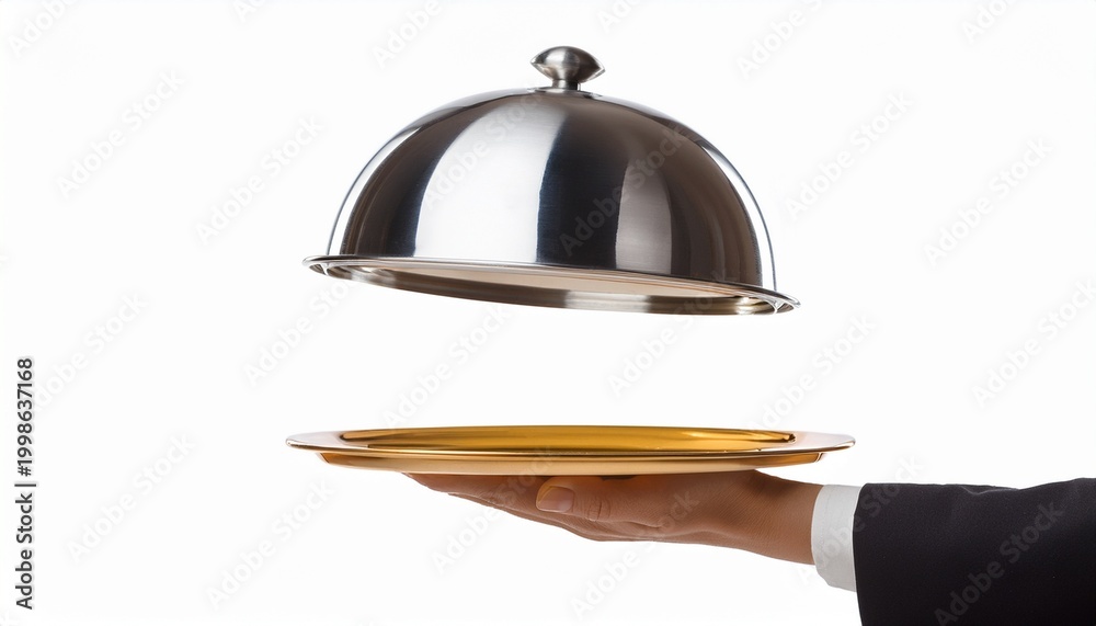 Fototapeta premium hand holding silver serving cloche raised above empty golden plate cut out