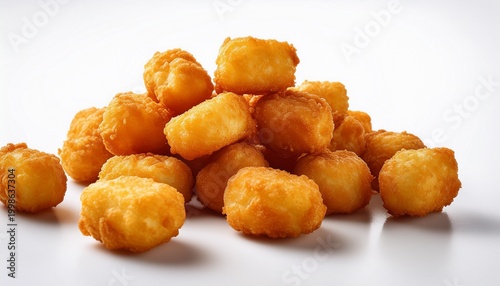 golden crispy tater tots scattered on a white background