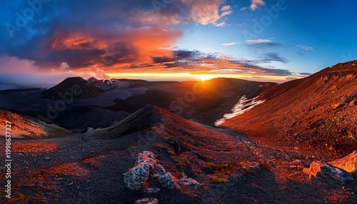 majestic volcanic landscape at sunrise a panorama of rugged terrain and fiery skies