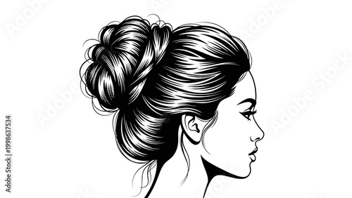 Elegant Woman Profile with Elaborate Updo Hairstyle, Black and White Sketch