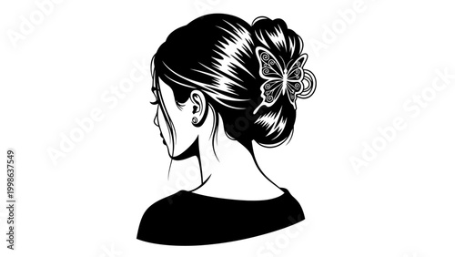 Elegant Woman with Butterfly Hair Clip, Updo Hairstyle, Profile View, Black and White Illustration