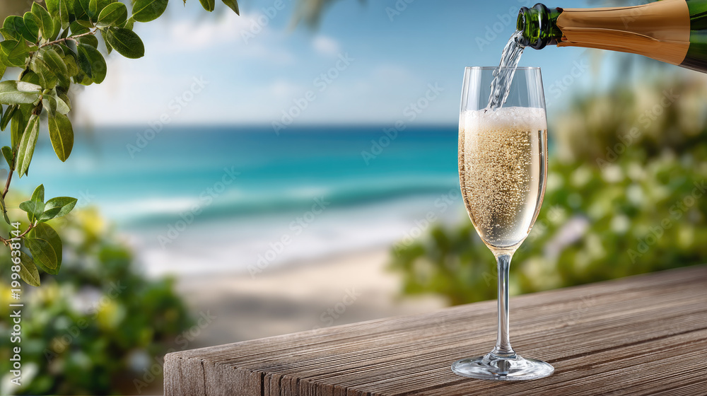 Fototapeta premium Pouring sparkling wine into a flute glass, bubbles rising in the golden liquid, celebrating luxury lifestyle and tropical vacation on a beautiful beach background