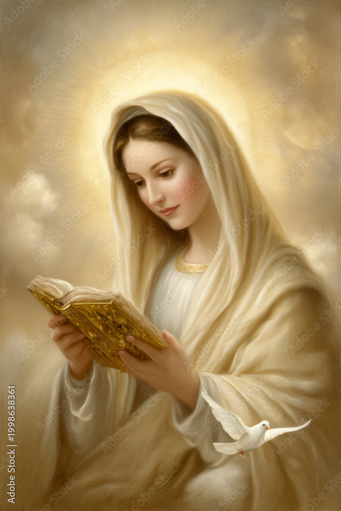 Fototapeta premium Sacred Woman with Dove and Holy Book – AI Generative