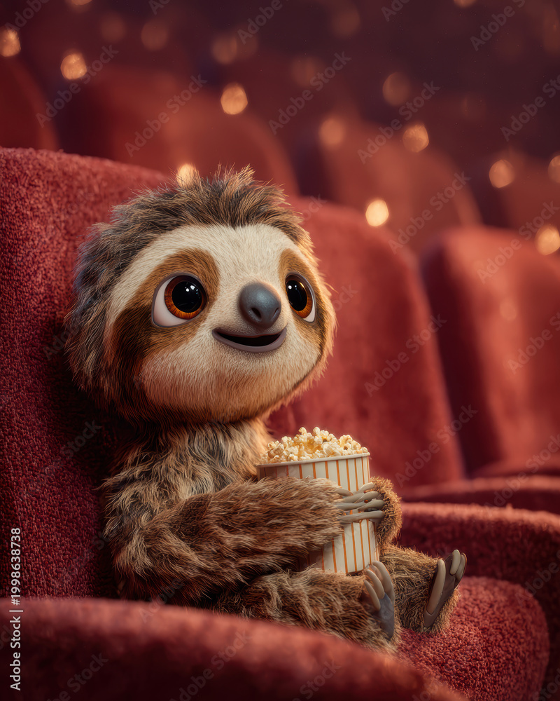 Obraz premium Cute Sloth Watching Movie with Popcorn – Generative AI