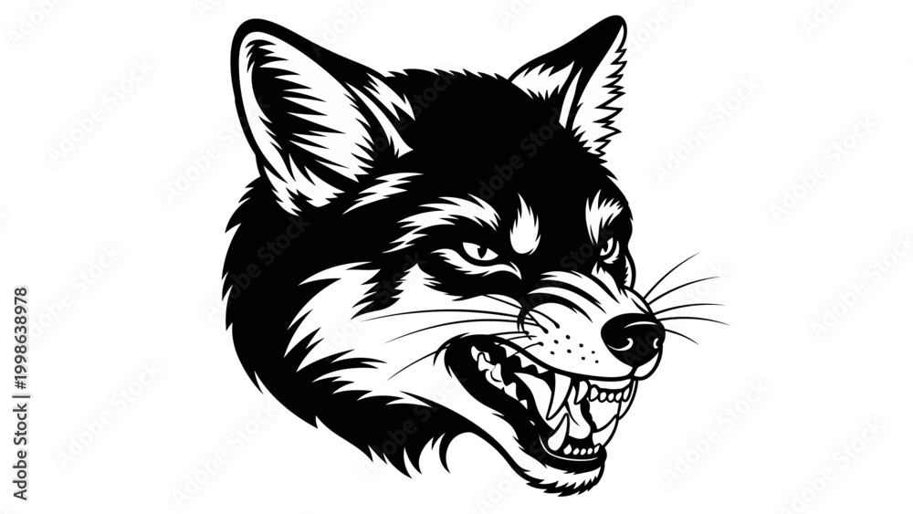 Obraz premium Aggressive Fox Head Illustration, Fierce Animal Portrait, Black and White Vector Art
