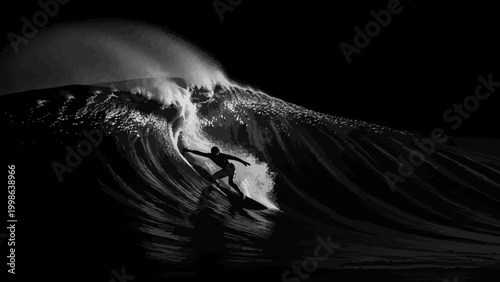 Silhouette Surfer Riding Massive Wave at Night, Dramatic Black and White