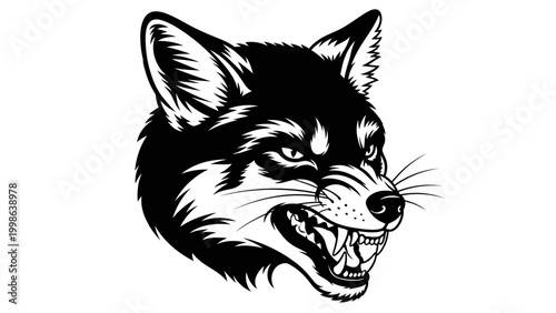 Aggressive Fox Head Illustration, Fierce Animal Portrait, Black and White Vector Art
