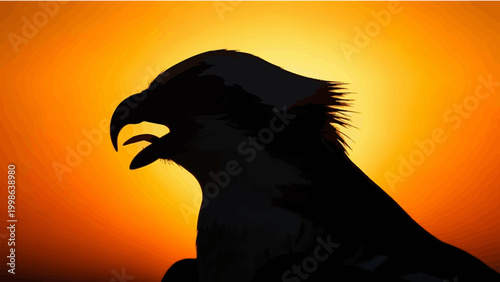 Silhouette of a majestic eagle with open beak against a vibrant orange sunset sky