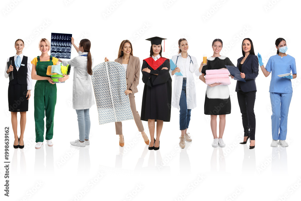 Obraz premium Choice of profession. Graduate student and women of various occupations on white background