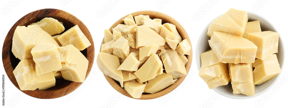 Fototapeta premium Cocoa butter pieces in bowls isolated on white, set. Top view