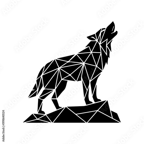 Polygonal wolf howling silhouette on rock