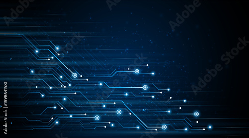 Blue glowing lines with light effect on dark background. High speed internet technology concept or fast wireless data transmission.