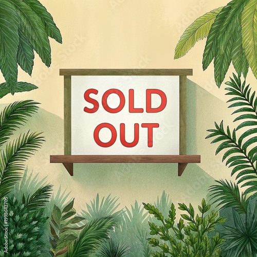 Tropical foliage background with sold out sign in the center  