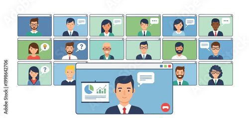 Virtual meeting with diverse group of people participating in a video conference call with multiple screens and chat bubbles