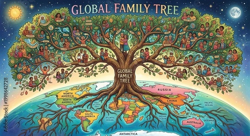 Global family tree illustration with diverse people and continents  