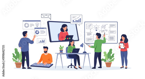 Team collaborating on a project with online video conferencing and presentations, discussing ideas and strategy for business growth