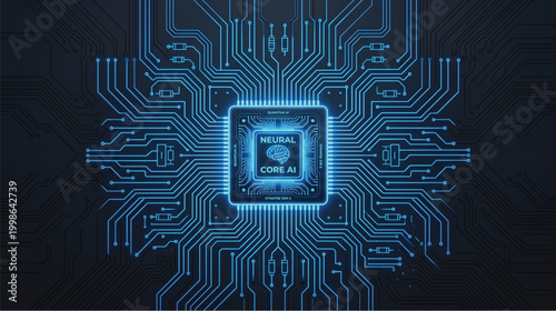 Glowing blue neural core ai microchip on a dark circuit board background with intricate electronic pathways and connections
