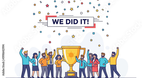 Celebrating success and achievement with a team holding a trophy and confetti raining down