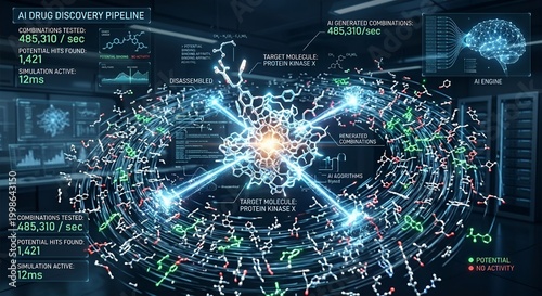 High-tech molecular data visualization in futuristic lab setting  