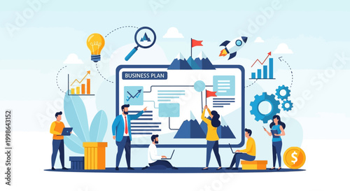 Business plan and strategy development with team collaboration and goal achievement in a modern office setting