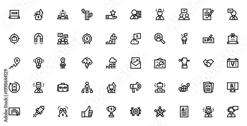 Job Promotion icon set. Career vector icons pack. Minimal linear icons for job search, salary, skills, promotion, career growth, resume, success and more. Editable stroke.