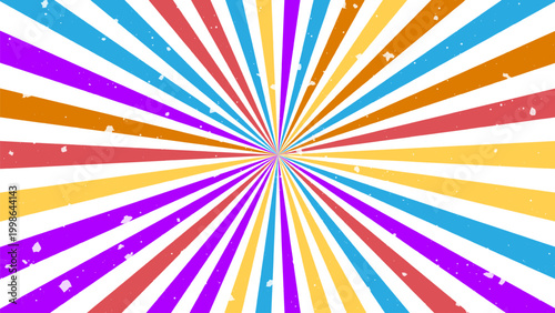 Warm colorful sunburst background, radiant radial rays in orange purple blue tones, retro vintage style burst with subtle grunge texture, energetic abstract vector for bold design visuals