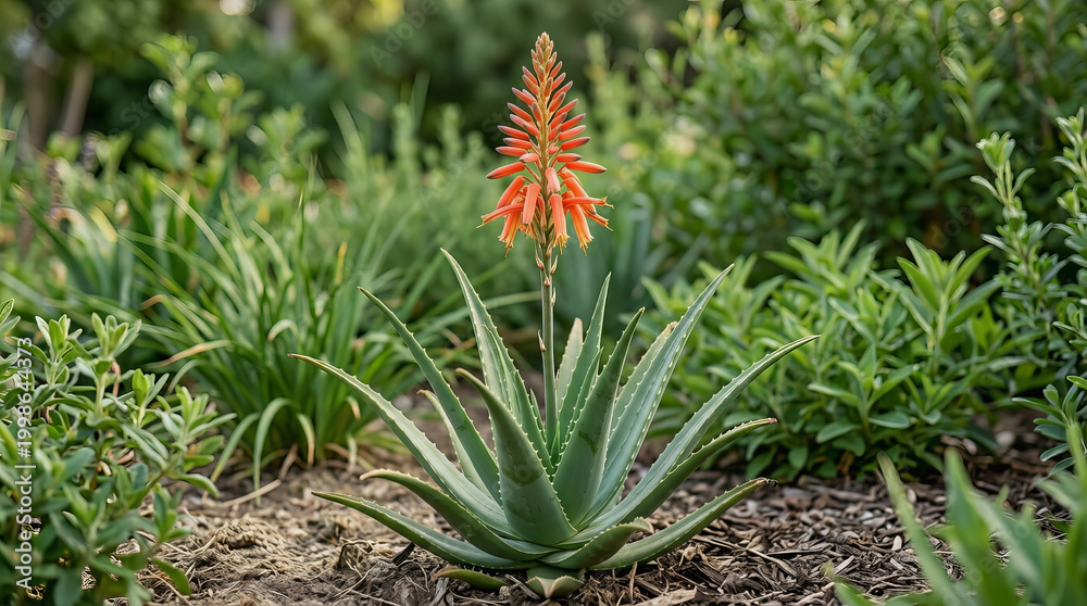 Obraz premium Vibrant orange Aloe Vera flower blooms tall on a green succulent plant in a lush garden bed surrounded by other foliage.