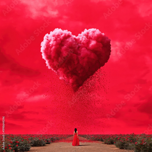 Surreal heart shaped cloud raining rose petals over lone figure in vast red landscape, dreamlike romantic scene with dramatic sky and poetic atmosphere, conceptual Valentine love theme visual