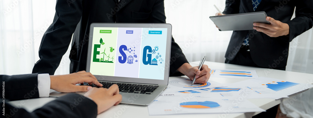 Obraz premium ESG environmental social governance policy for brisk business to set a standard to achieve high ESG score