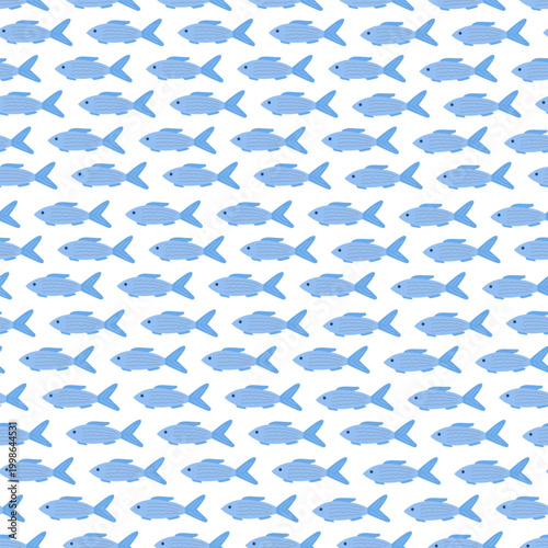 Whimsical sea or river fish seamless pattern simple hand drawn illustration, stylized marine life underwater character for poster, nursery room decor, home design, sea life concept, decorative element