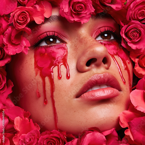 Surreal portrait of woman with eyes crying liquid rose petals surrounded by red flowers, dreamlike romantic composition with vivid pink tones, emotional Valentine love and heartbreak concept