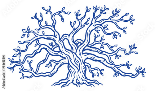Blue sketch illustration of a spreading ancient tree with winding branches and roots
