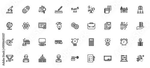 Education icon set. Vector illustration pack. Includes symbols for school, teacher, student, science, books, graduation, learning and more. Editable stroke.