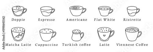 Coffee types set, black line caffeine icons, editable stroke barista vector signs. Latte, Espresso, Americano, Turkish coffee, Cappuccino, Matcha Latte, Doppio, Flat White, Ristretto, Viennese Coffee