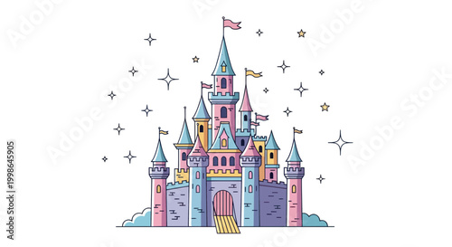 Canvastavla Fairy Tale Castle Illustration: Pink and Blue Palace with Stars and Flags