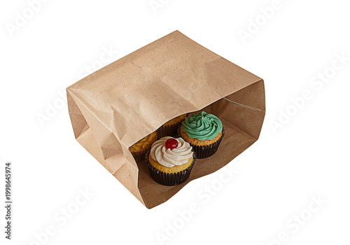 Brown Paper Bag Mockup with Colorful Cupcakes, Kraft Texture, Realistic Lighting, Isolated on Transparent Background