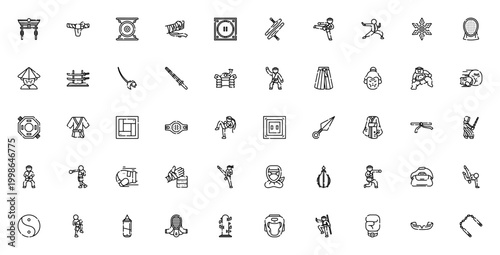 Martial arts icon set. Vector symbols for karate, kung fu, taekwondo, samurai, ninja, boxing, weapons and more. Editable thin line icons.