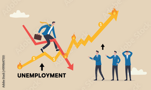 Stagflation economi while inflation high up, GDP growth decrease causing by unemployment concept, fearful businessman riding fall down economic graph with inflation high up