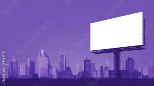 Blank Billboard Advertising Sign Standing Alone Against Purple Cityscape Skyline For Marketing Concepts