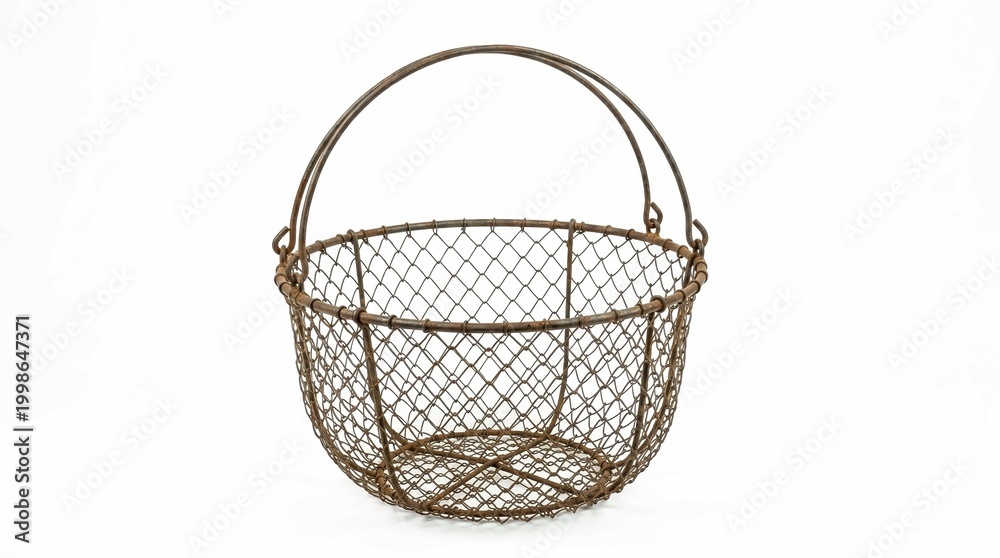 Obraz premium Vintage Rustic Wire Basket with Handles, Isolated on White Background