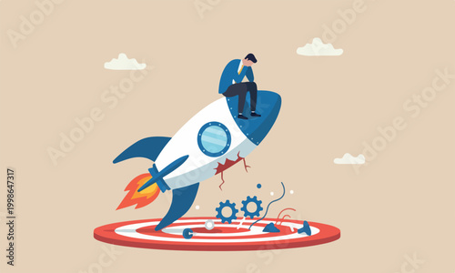 businessman red big bullseye target company on crash launching space rocket metaphor new business failure
