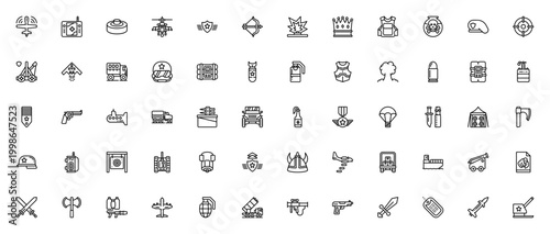 Warfare icon set. Military vector illustrations. Includes drone, tank, helicopter, gun, grenade, bomb, sword, medal, helmet and more. Editable stroke.