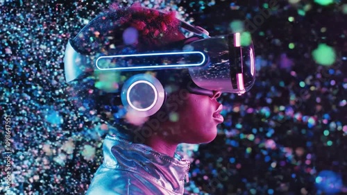 Young person wearing VR headset in a glowing digital world