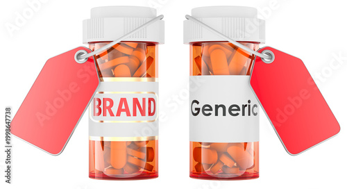 Brand and Generic medicine bottles with red price tags. 3d rendering