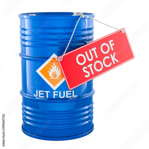 Jet fuel barrel with out of stock warning tag. Aviation fuel shortage and supply disruption, concept. 3d rendering