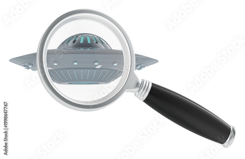 UFO under magnifying glass. Investigation, search for extraterrestrial life and alien evidence, concept. 3d rendering