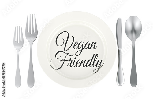 Vegan Friendly concept, with plate and cutlery. 3d rendering