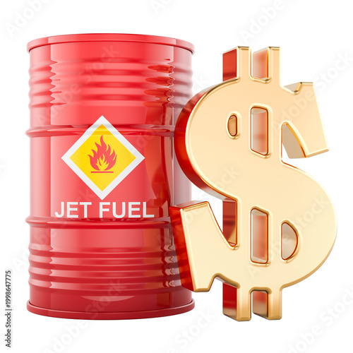Red jet fuel barrel with dollar sign. Aviation fuel price and airline costs. 3d rendering