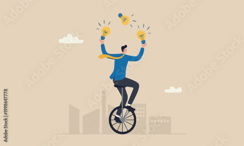 Creativity solid pale beige or cream color, with two smal innovation or skill to success in business, skillful businessman riding unicycle juggling lightbulb lamp metaphor of plenty ideas